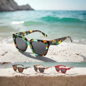 TRENDY Women’s Polarized UV400 Protection Square Acetate Sunglasses, Green Hipster Frame with Printing Butterfly Design