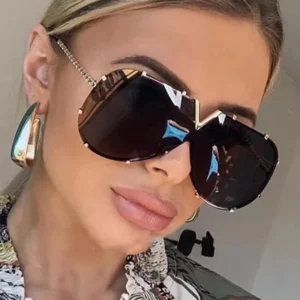 Titanium One-Piece Women’s Sunglasses V-Frame Brown and Gray Lens UV400 Protection