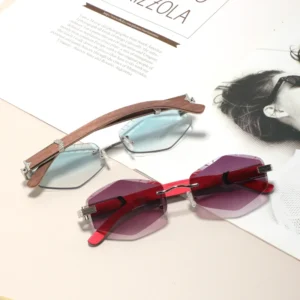 Trendy Custom Logo Rimless Sunglasses Wooden Temple Luxury Sunglasses