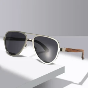 Trendy Double Bridge Polarized Eyewear Retro Vintage Wood Temple Sunglasses Men Women Fashion High Quality Metal Shades