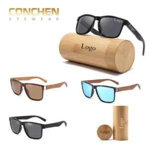 Trendy Eco friendly Glasses with Wooden Temples Unisex High Quality Square PC Frame Eyewear Classic Polarized Sunglasses