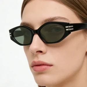 Trendy Narrow Oval Acetate Sunglasses 3D Metal Logo Y2K Style With Metal Decor & Custom Logo Options