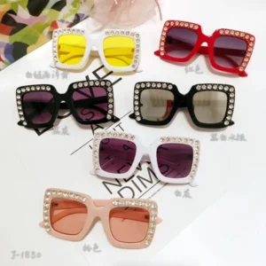 Trendy Personalized Square Frame Crystal Studded Kids Sunglasses