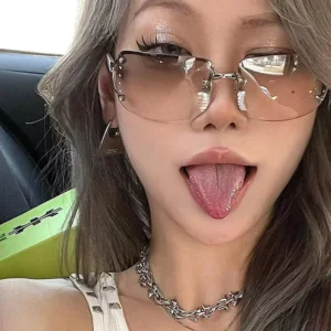Trendy Y2K Retro Diamond Encrusted Sunglasses Rimless Square Frame Metal for Women Customizable Logo