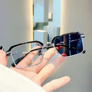 Ultra Light Computer Eyeglasses, Anti Blue Light Photochromic Reading Half Metal Square Glass Frame