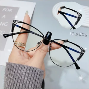 Unique Women Bling Metal Optical Glasses Hollow Diamond Frame Anti Blue ray Cat Eye Eyeglasses