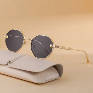 Unisex Custom Logo UV400 Sunglasses Polygonal Shaped Metal Frame Gold for Women and Men