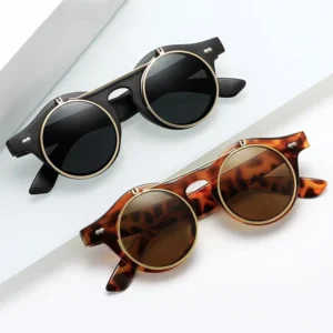 Unisex Double Layer Flip Lens Coffee Frame Black Round Sunglasses Steampunk Style UV400 Sunglasses