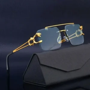Unisex Rectangle Sunglasses with Leopard Head Double Bridge Cut Edge Rimless Frame