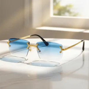 Unisex Rimless Square Designer Gold Alloy Frame Sunglasses Diamond Cut UV400