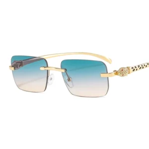 Unisex Vintage Leopard Rectangle Sunglasses with Rimless Metal PC Frame Luxury Retro Sun Glasses with Leopard Head for Men Women
