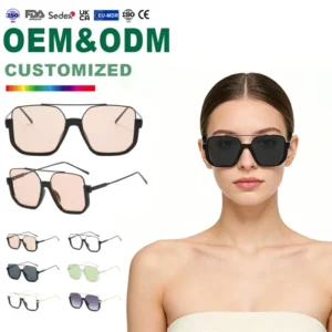 Vintage Double Bridge Square Metal Half Frame Sunglasses Women Men Blue Light Blocking