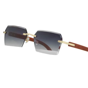 Vintage Fashion UV400 Metal Rimless Square Sunglasses for Women & Men Light Weight Orange Luxury Wood Grain Gradient Design