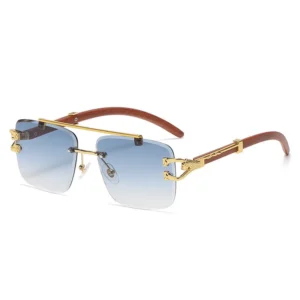Vintage Metal Rimless Oversize Big Frame Wood Legs UV400 Sunglasses for Unisex