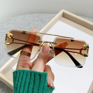 Vintage Retro Designer Custom Logo Personality Rimless Square Double Bridge Leopard Head Uv400 Sun Glasses Sunglasses for Men