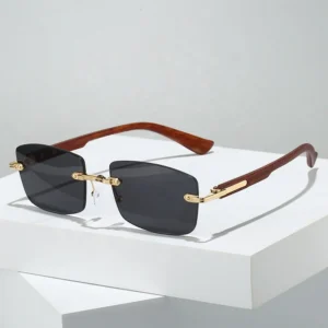 Vintage Retro Designer Rimless Diamond Cut Lens Wood Grain Temple UV400 Shades Sun Glasses Sunglasses for Men Women