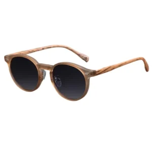 Vintage Retro Frosted Full Rim Round Sunglasses with UV400 Protection Ultra Lightweight Wood Frame in Light Brown Color