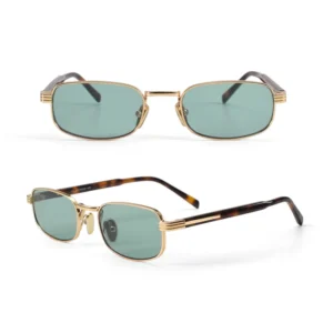 Vintage Retro Rectangle Metal Sunglasses for Men Gold Frame Tortoiseshell Temple Green Lens UV400