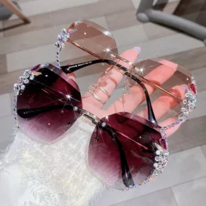 Vintage Rimless Rhinestone Sunglasses Women Men Retro Cutting Lens Gradient UV400