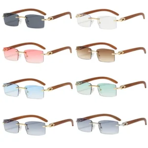 Vintage Rimless Square Women Men Wood Grain Sunglasses Custom Logo Metal Sun Glasses
