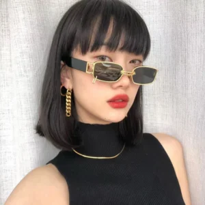 Vintage Square 3D Metal Logo Rings Square Diamond Sunglasses for Women