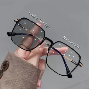 Women Color Change Photogrey Anti Blue Light Eyewear, Large Square Optical Glass Frame