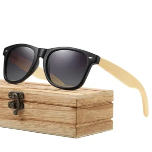 Women Vintage Lens Color Black Plastic Frame Wooden Bamboo Sunglasses