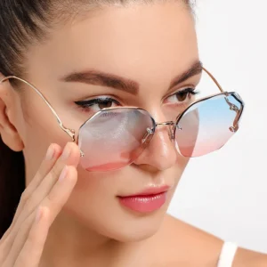 Women’s Gold Frame Sunglasses Fashion Rimless Shades with Curved Metal Temple for Summer