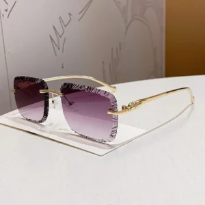 Women’s Golden Frame Sunglasses with UV400 Lens Frameless Cut Edged Leopard Design Made of PC Material