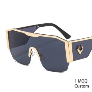Women’s Large Frame One Piece Metal Half Rim Square Sunglasses Bull Totem Decor UV400 % UV Protection Euro American Style