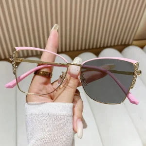 Women’s Optic Photochromic Glasses Moissanite Big Square Butterfly Metal Gold Pink Anti Blue Light UV400 Indoor Outdoor