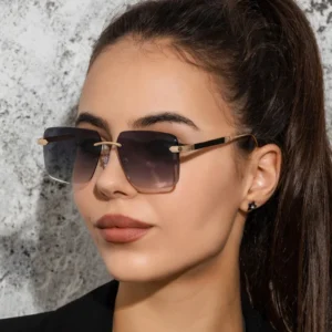 Womens Oversized Rectangle Sunglasses Gold Metal Frame UV400 Ocean Lens Fashionable Rimless Womens Sunglasses