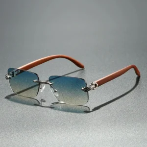 Women’s Retro Wood Grain Temple Green Square Frame Sunglasses Leopard Head Men’s Frameless Polygonal Sunglasses