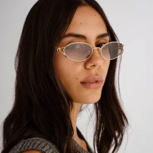 Women’s UV400 Gold Frame Oval Sunglasses Hollowed-out Temple Metal Shades Comfortable Lightweight Glasses