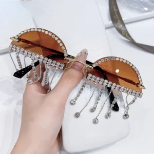 Women’s Unique Half Lens Diamond Sunglasses with Shiny Tassel Rhinestones Colorful Metal Frame Eyewear for Parties