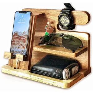 Wood Docking Station Mobile Phone Holder Charging Office Desk Organizer Wallet Key Smartwatch Sunglasses Storage Dresser