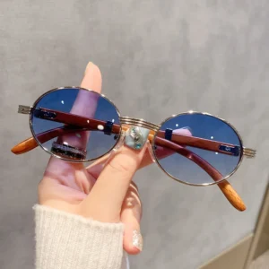 Wood Grain Trendy Glasses Men’s Metal Sunglasses Luxury Oval Wood Color Small Sunglasses Women Shade UV400 Custom Own Logo