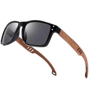 Wooden Polarized Sunglasses Men’s Vintage Square Sun Glasses With Wood Temples PC Frame and UV400 Protection Shades
