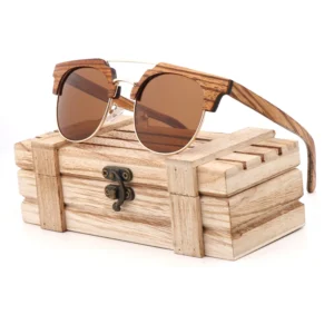 Wooden Sunglasses Half Frame Wood Trim Double Metal Nose Bridge Polarized Lenses Logo Engraving