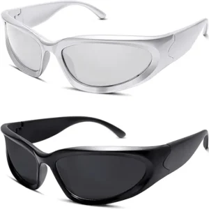 Y2K Wrap Around Sunglasses Sports Futuristic Oval Glasses for Women Men Silver